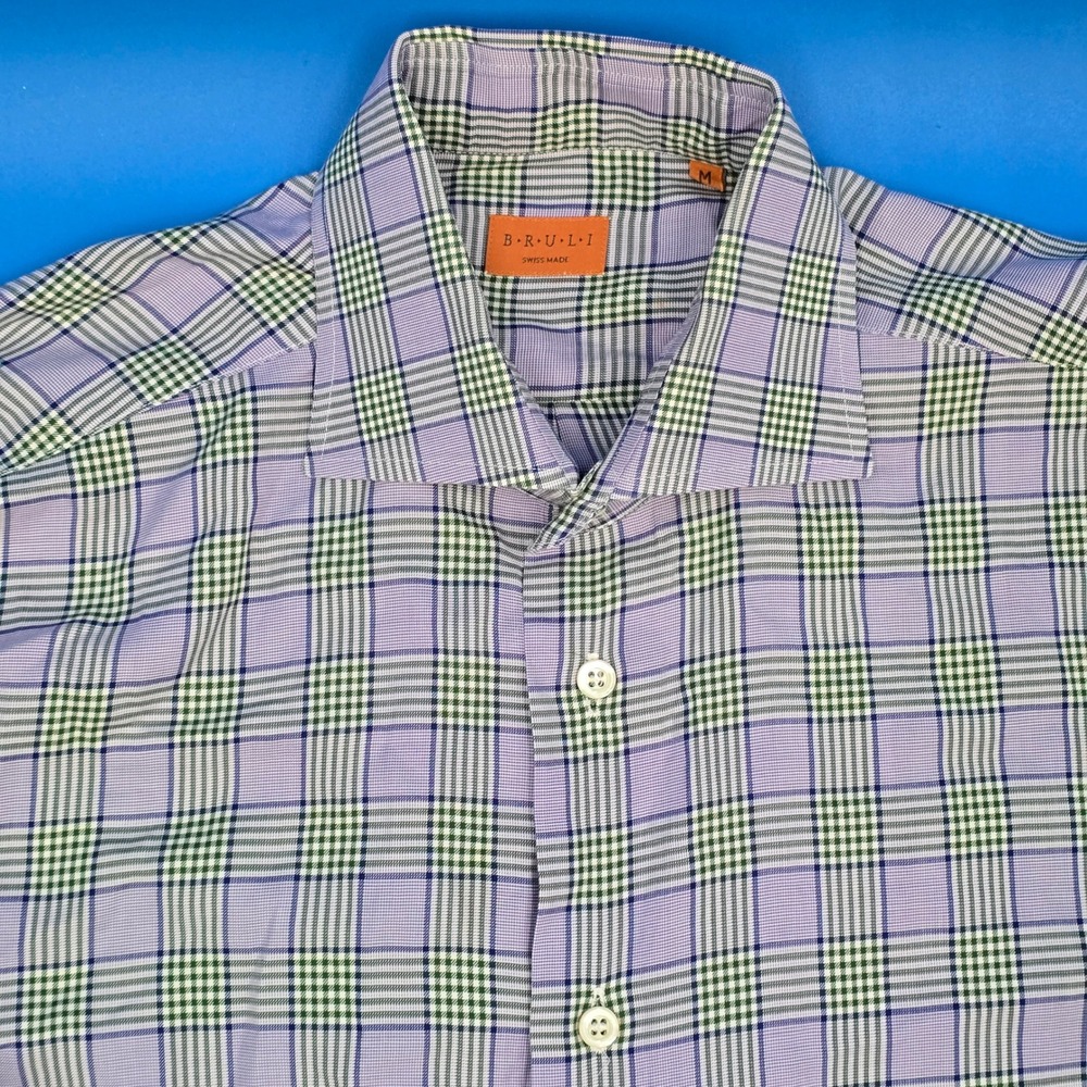 BRULI‎ Swiss Made Mens M Dress Shirt Purple Green Plaid Luxury Cotton Tailored
